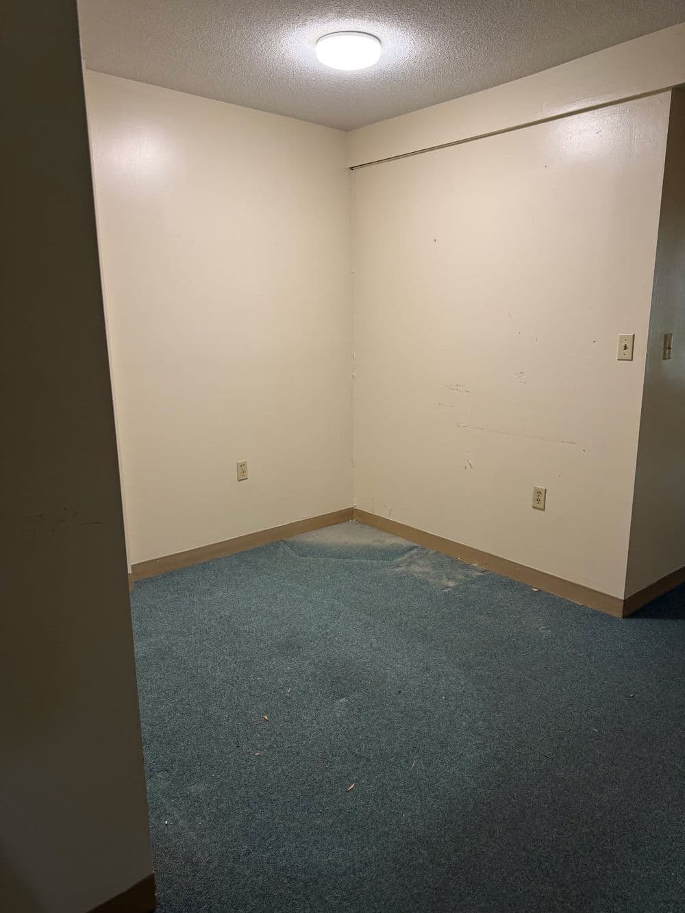 Empty room with light-colored walls and blue carpet, featuring a ceiling light fixture.